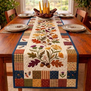 May include: A quilted table runner with a central floral design featuring autumn leaves, acorns, and flowers in shades of orange, yellow, and purple. The runner is bordered with patchwork squares in various patterns and colors, including plaid and floral prints.