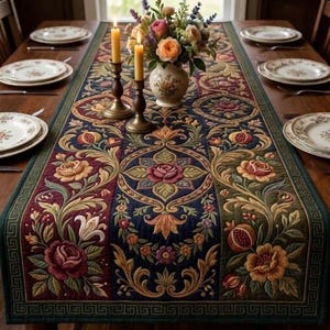 Caminho de mesa vintage com patchwork floral, decoração campestre estilo cottagecore, elegante toalha de mesa botânica, detalhe rústico para sala de jantar.