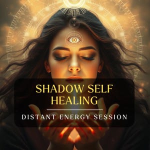 May include: An artistic digital image featuring a woman with closed eyes, a third eye symbol, and flowing hair. The image has a warm, golden color scheme with the text "SHADOW SELF HEALING" and "DISTANT ENERGY SESSION" in gold lettering.