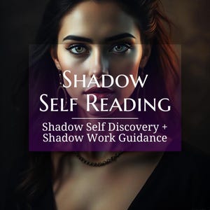 May include: Image featuring a woman with dark hair and green eyes. A purple rectangle overlay displays the text "SHADOW SELF READING" and "Shadow Self Discovery + Shadow Work Guidance". A necklace is visible.