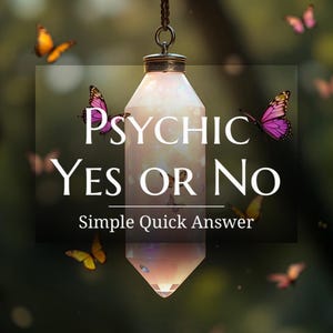 Puede incluir: Un péndulo de cristal brillante con el texto "PSYCHIC YES OR NO" y "Simple Quick Answer". La imagen presenta mariposas en tonos rosa y naranja sobre un fondo verde borroso.