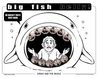 Jona und der Wal SNACKTIVITY! Druckbare Bibel Malseite für Kinder - Füge einfach SNACKS hinzu !!