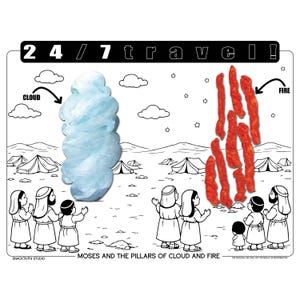 May include: Black and white illustration featuring a blue cloud and red fire. The text reads "24/7 travel!" and "Moses and the Pillars of Cloud and Fire". Figures in robes stand in front of tents.