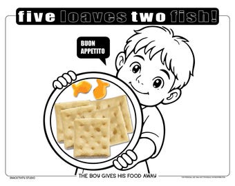 Fünf Brote, zwei Fische SNACKTIVITY! Druckbare Bibel Malseite für Kinder - Füge einfach SNACKS hinzu !!