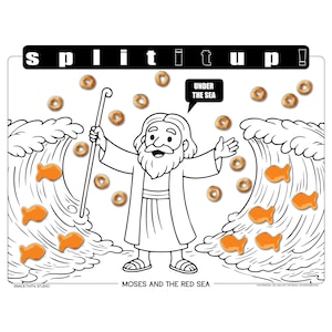 May include: A black and white illustration depicting Moses parting the Red Sea, with the text "split it up!" at the top. The image includes orange fish-shaped crackers and round cereal pieces. The phrase "Under the Sea" is in a speech bubble.