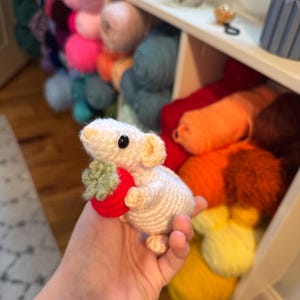 May include: A handmade, off-white crochet mouse holding a red crochet strawberry with a green stem. The mouse has black eyes and is held in a hand. Colorful yarn balls are in the background.