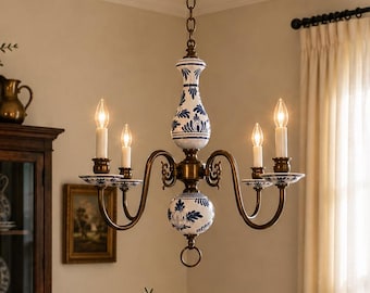 Vintage Delft Style 5-Arm Chandelier | Blue White Ceramic Brass Dutch Light Fixture