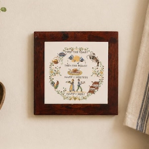 Vintage Framed Cross Stitch Ceramic Tile Wall Hanging