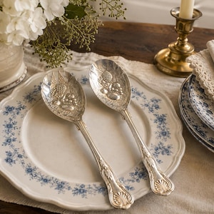 May include: A pair of silver-toned serving spoons featuring an embossed fruit motif on the bowls and ornate detailing on the handles. The spoons have a polished metallic finish and are positioned on a white plate with a blue floral border pattern.