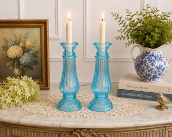 Vintage Tiara Exclusives Duchess Horizon Blue Glass Candlestick Holders, Set of 2,