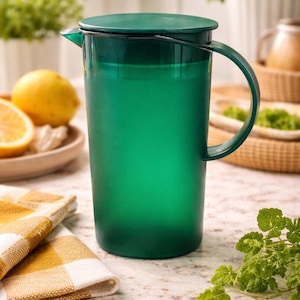 May include: A green plastic pitcher with a handle and lid, filled with liquid. The pitcher is on a marble countertop, next to a yellow and white checkered napkin, a plate with lemons, and sprigs of green herbs.