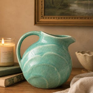 May include: A round ceramic pitcher with a glossy turquoise glaze and a visible crackle finish. The pitcher features a curved handle, a small pouring spout, and a textured surface with repeating wave-like patterns embossed into the clay body.