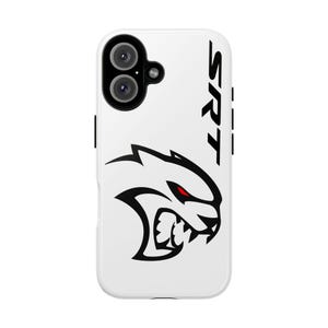 May include: White phone case with a black and red Hellcat logo and the word "SRT" in black. The case has a dual-camera setup and black side buttons.