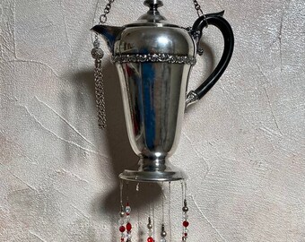 Upcycled VTG Silverware Silver Knives Jewellery Wind Chimes, Silver Plated, Glass beads Crystals Garden Art Red Rain Drops Hummingbird