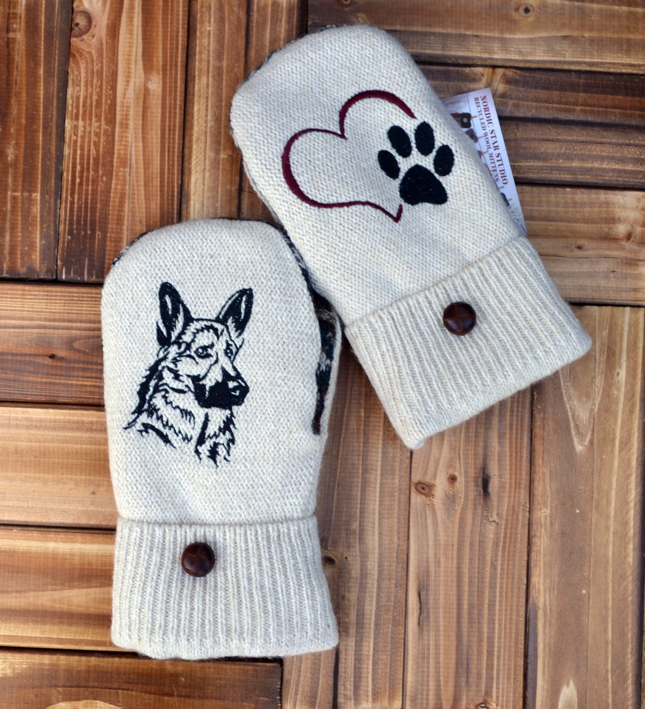 Recycled Upcycled wool sweater Paw Fleece Lined Dog Lover Gift Handmade WOOL MITTENS Dalmatian Dog Embroidered