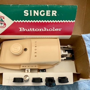 Vintage Automatic Singer buttonholer, buttonhole stitch attachment accessories box set, Instructions