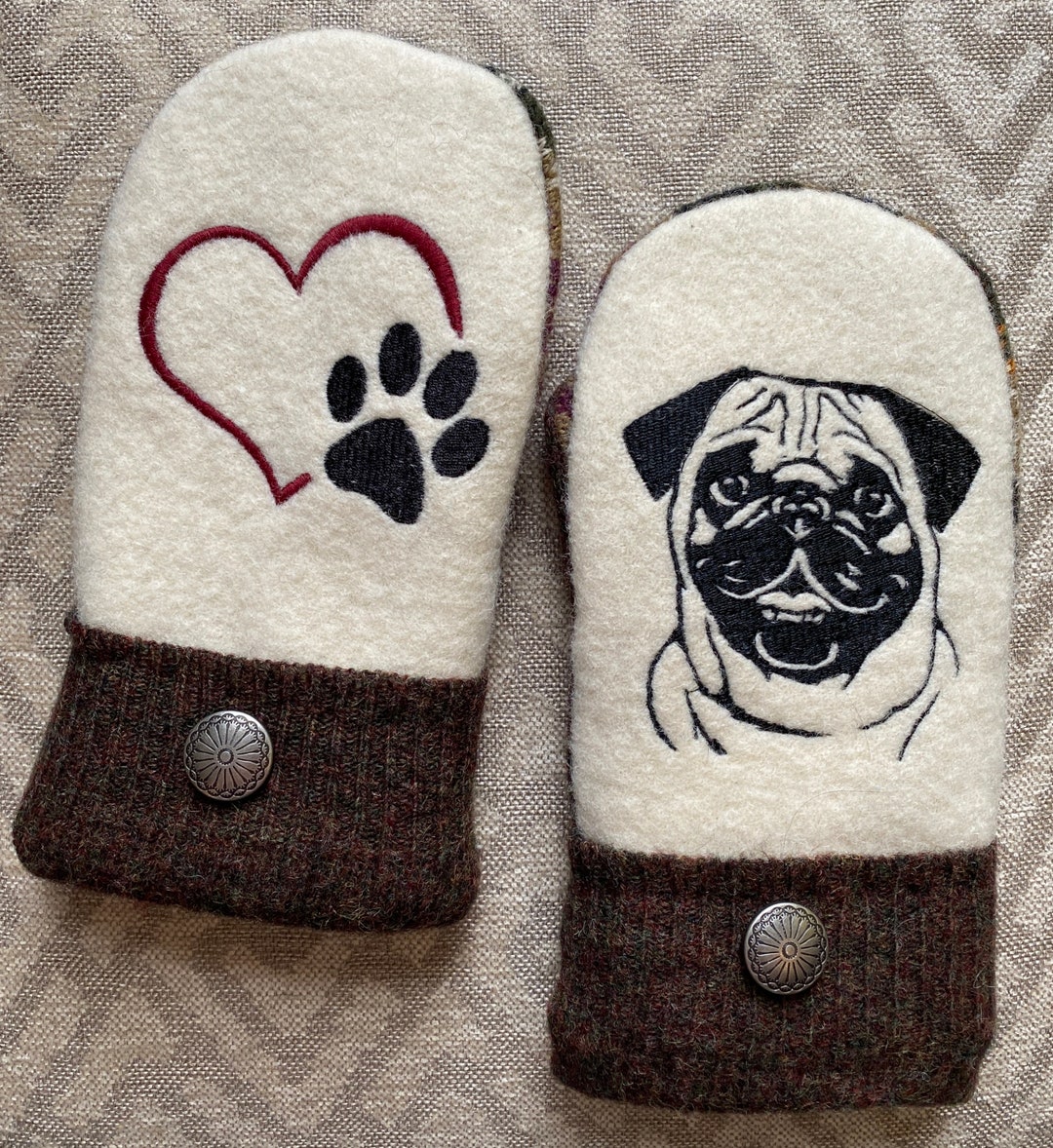 WOOL MITTENS Pug Dog Embroidered, Handmade, Recycled Upcycled Wool ...