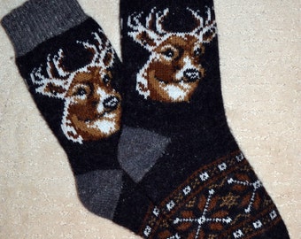 Warm Wool Socks, Traditional Knitted Winter Wool Socks, Folk Art, Fair Isle Reindeer and Snowflakes fair Isle size XL, Christmas Gift