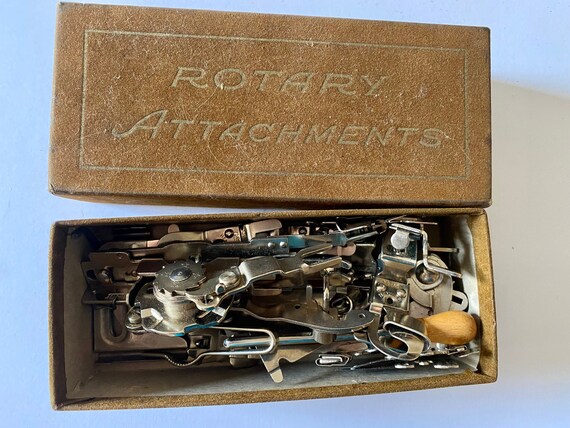 Vintage Greist Treadle Sewing Machine Accessories and Tools in Original Box  over 15 Pieces 