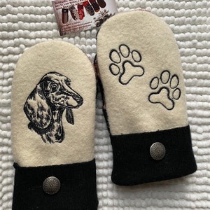 WOOL MITTENS Dachshund Dog Embroidered, Handmade, Recycled Upcycled wool sweater, Fleece Lined Patchwork. Paw, Dog Lover Gift