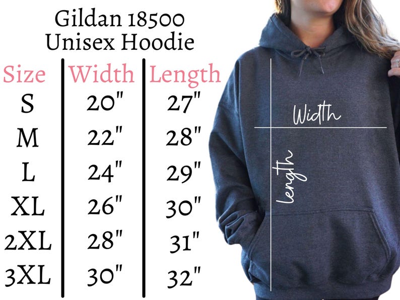May include: A dark gray Gildan 18500 unisex hoodie. The image includes a size chart with measurements in inches: S (20" width, 27" length), M (22" width, 28" length), L (24" width, 29" length), XL (26" width, 30" length), 2XL (28" width, 31" length), and 3XL (30" width, 32" length).