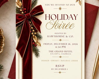 Holiday Party Invitation, Burgundy Bow Christmas Party Invite, Corporate Holiday Canva Template 5x7