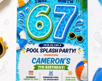 May include: A rectangular pool party invitation featuring the text I WAS 67 NOW I'M 7, JOIN US FOR A POOL SPLASH PARTY, CELEBRATING CAMERON'S 7TH BIRTHDAY, with event details for Saturday, August 15, 2026, at Sunshine Pool in Orlando, FL.