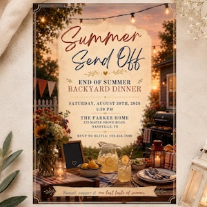Könnte beinhalten: Eine rechteckige Einladungskarte mit dem Titel Summer Send Off für ein Abendessen im Garten zum Sommerende am Samstag, den 30. August 2026, um 17:30 Uhr bei The Parker Home, 123 Maple Grove Road, Nashville, TN, mit RSVP an Olivia unter 123-456-7890.