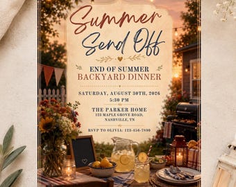 End of Summer Backyard Dinner Party Invite, Summer Send Off BBQ Party, Rustic Sunset Backyard, Editable Canva Template, Summer Party Invite