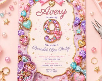 Bracelet Bar Birthday Invitation Template, Jewelry Party Invite, Girl Birthday Invite, Bead Party Invitation, Editable Canva
