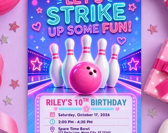 Girls Bowling Birthday Invitation, Neon Bowling Party Invite, Editable Canva Template, Pink Bowling