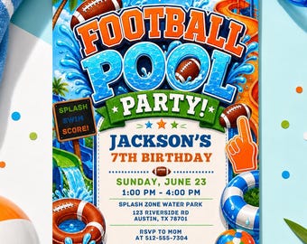 Inbjudan till fotbollspoolparty, födelsedagsinbjudan till pojkars sporter, badparty i vattenpark, redigerbar Canvas-mall, direktnedladdning