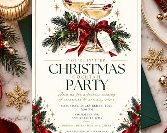 Könnte beinhalten: Eine Weihnachtscocktail-Einladungskarte mit zwei Champagnergläsern, einem dunkelroten Band und Tannenzweigen mit roten Beeren. Der Text lautet: You're invited Christmas cocktail party, join us for a festive evening, Saturday, December 19, 2026, 7:00 PM, 456 Holly Lane, Nashville, TN 37215, drinks, bites, holiday cheer, RSVP to Emma by December 5, (615) 555-2487.