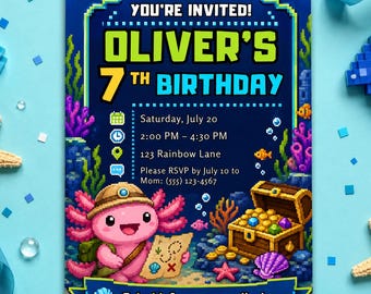 Axolotl Birthday Invitation Boy Pixel Explorer Treasure, Adventure Map Underwater Party Any Age, Editable Canva Template Digital Download