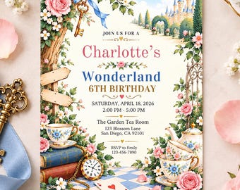Wonderland Birthday Invitation, Alice in Wonderland Tea Party Invite, Editable Canva Template