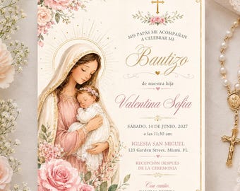 Virgen Mary Bautizo Niña Invitation, Spanish Girl Baptism Invite, Pink Floral Catholic Canva Template, Editable Bautizo Invite