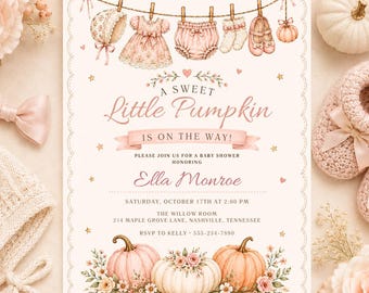 Little Pumpkin Baby Shower Invitation, Pink Fall Baby Shower, Editable Canva Template for Girl