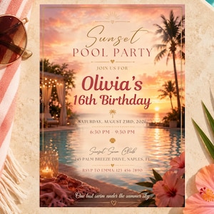 Sunset Pool Party Birthday Invitation, Sweet 16 Tropical Infinity Pool, Teen Girl Summer Party, Editable Canva Template, Pool Party Invite