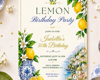 Könnte beinhalten: Eine rechteckige Einladungskarte mit einer blau-weißen Keramikvase mit Zitronen und weißen Blüten, einer Küstendorf-Illustration und dem Text LEMON Birthday Party, Isabella's 30th Birthday, Saturday, July 18, 2026, 6:30 PM, Villa Serena, Santa Barbara, CA, RSVP by July 1, 123-456-7890.
