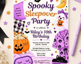 May include: A rectangular invitation for a Spooky Sleepover Party for Riley's 10th Birthday on 24 October 2026. The design features a ghost, a pumpkin bowl of popcorn, purple pyjamas, a black cat, and text details on a white background.