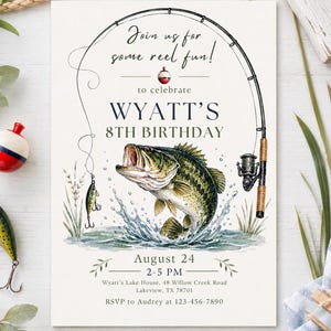 May include: A birthday invitation card featuring a watercolor illustration of a largemouth bass jumping out of water, a fishing rod, and a bobber. Text reads: Join us for some reel fun! to celebrate WYATT'S 8TH BIRTHDAY, August 24, 2-5 PM, location, and RSVP.