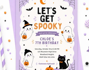 May include: A rectangular birthday invitation card with a light purple border featuring white ghost illustrations, a black cat, pumpkins, spider webs, and stars. The text reads: LET'S GET SPOOKY, Join us to celebrate, CHLOE'S 7TH BIRTHDAY, Saturday, October 30 at 2:00 PM, 123 Mountain High Drive, Woodland Heights, RSVP Ellie 555.1234, Costumes Optional!
