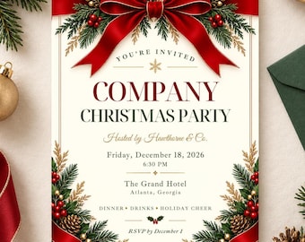 Company Christmas Party Invitation, Corporate Holiday Party, Red Bow Editable Canva Template