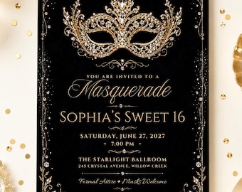 Masquerade Sweet 16 Invitation, Black Gold Mask Party Invite, Quinceañera Birthday, Editable Canva Template