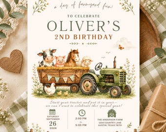 Farm Birthday Invitation, Tractor Barnyard Birthday Party Invite, Farm Animals Editable Canva Template