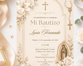Spanish Bautizo Invitation, Virgen de Guadalupe Baptism Invite, Catholic Baptism Canva Template, Mi Bautizo, Ivory Floral Girl Baptism