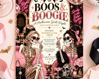 Boos & Boogie Halloween Girls Night Invitation, Disco Skeleton Cocktail Party, Editable Canva Template