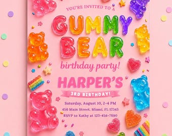 Gummy Bear Birthday Invitation, Candy Party Invite, Rainbow Gummies Kids Birthday Editable Canva Template, Digital Download