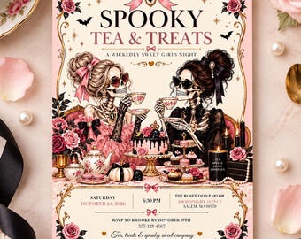 Spooky Tea Party Invitation, Halloween Girls Night Invite, Pink Gothic Party, Editable Canva Template