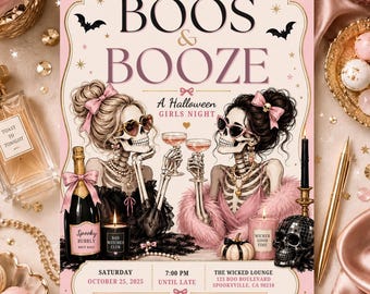 Boos and Booze Halloween Invitation, Girls Night Party Invite, Pink Skeleton Cocktail Party Editable Canva Template